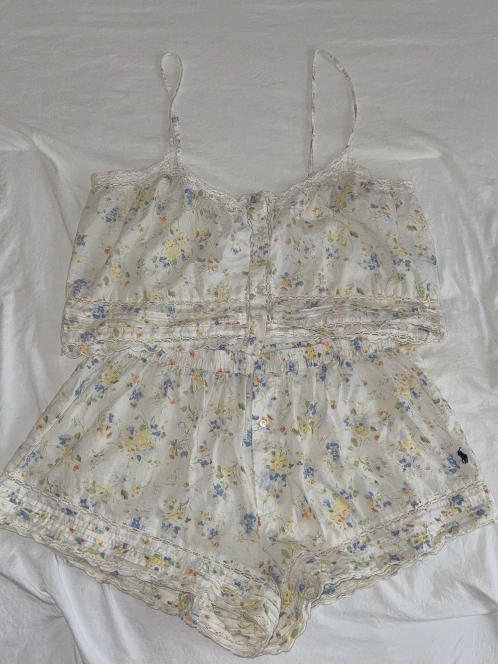 Ralph Lauren Floral Lace-Trim Cami Romper in Cream